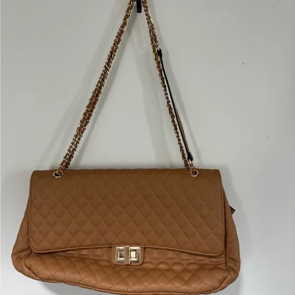 Tan Quilted Shoulder Bag with Gold Chain - Picture 1 of 12